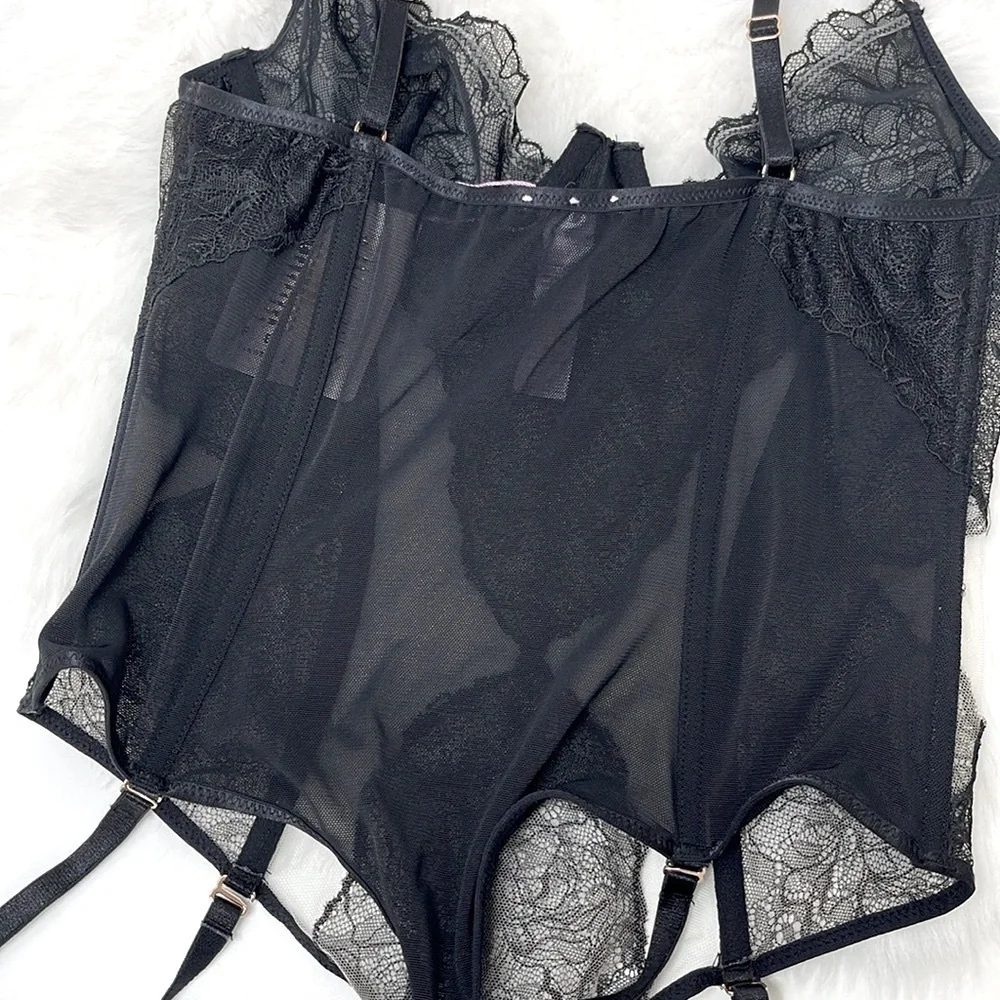 Savage X Fenty by Rihanna Black Lace & Tan Mesh Sheer Bodysuit Teddy Size Small